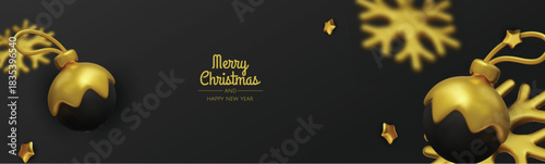 Modern black and gold Christmas design with decorative baubles and snowflakes, great for upscale holiday graphics, social media posts, and advertisements.