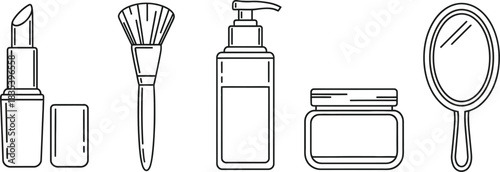 Cosmetics makeup beauty products lipstick brush lotion cream mirror outline