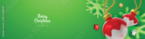 Happy New Year and Merry Christmas. Christmas holiday background with realistic 3d objects, bauble balls, conical metal stars, gift. Levitation falling design composition