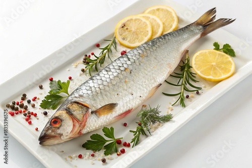 Whole raw fish seasoned with herbs and lemon slices on a white platter