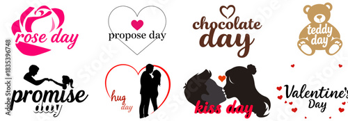 A collection of eight illustrations representing different days of Valentine's Week, including Rose Day, Propose Day, Chocolate Day, Teddy Day, Promise Day, Hug Day, Kiss Day, and Valentine's Day.