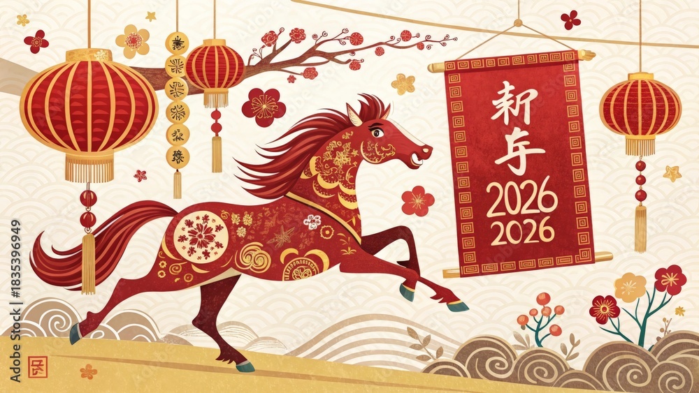 Naklejka premium Chinese New Year 2026 running horse banner with red lanterns