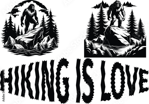Bigfoot silhouetted against a moonlit forest and rocky river landscape with the words hiking is love animal vector perfect for t shirt, wildlife education book or poster design 