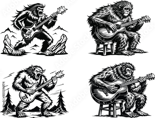 Bigfoot playing guitar silhouette animal vector perfect for t shirt, wildlife education book or poster design 