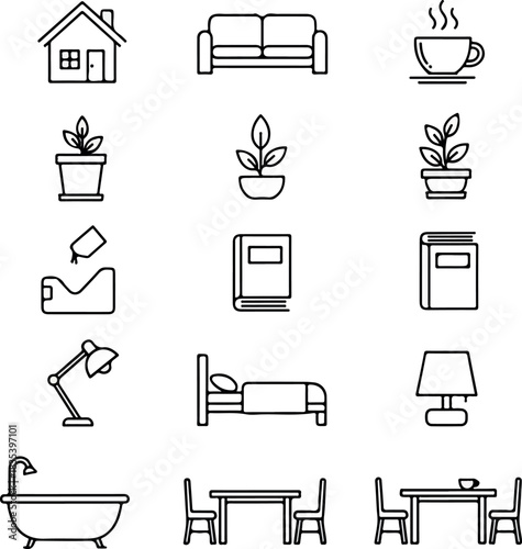 Minimalist Home Icons Furniture, Plants, and Daily Life Objects Line Art