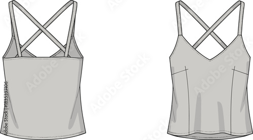 Minimalist women’s camisole tank with crossed back straps, clean V-neck front and back technical flat illustration for fashion design