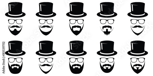 Vintage gentleman vector icons set, featuring top hat, beard, mustache, glasses, and monocle silhouette design elements, editable for stock illustration