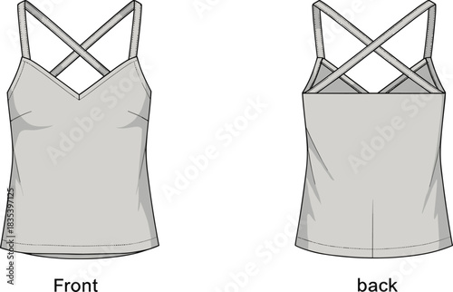 Minimalist women’s camisole tank with crossed back straps, clean V-neck wrap style shown in detailed front and back technical illustration