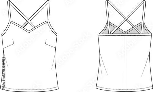 Minimalist women’s camisole tank with crossed back straps, clean wrap-inspired neckline technical flat illustration showing front and back views