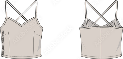 Minimalist women’s cropped camisole top with crossed back straps, elegant wrap-style neckline in detailed fashion technical flat illustration