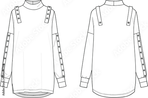 Mock-neck tunic top technical flat, long-sleeve design with snap-button straps and sleeve detailing, fashion apparel illustration