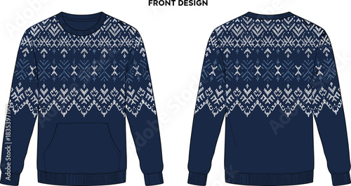 Navy crewneck hoodie-style sweater with Nordic geometric pattern, front and back technical flat illustration for modern apparel design