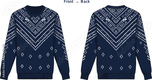 Navy crewneck sweatshirt with bold geometric pattern, front and back detailed technical flat illustration for modern fashion design
