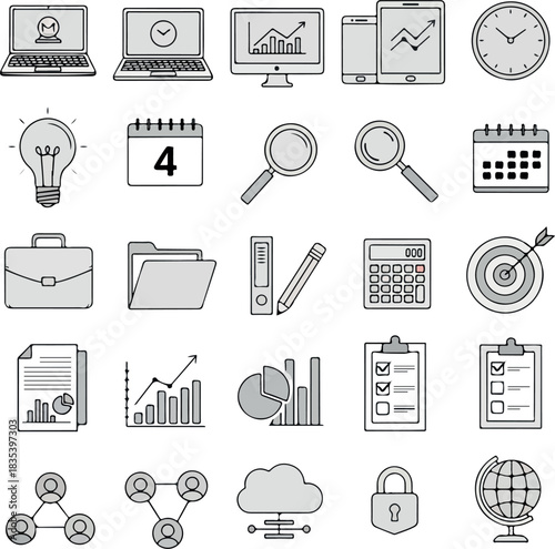 Essential vector icons for business analysis, office productivity, and technological solutions, ideal for illustrating data, strategy, and digital workflow processes in modern design