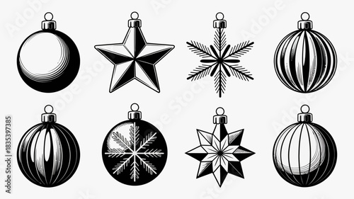 A collection of eight detailed, vintage-style hand-drawn Christmas ornaments including stars, snowflakes, and oval shapes.