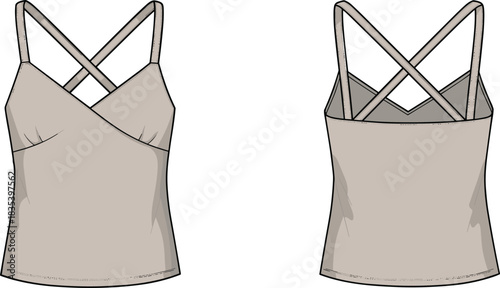 Women’s crossed-strap camisole top, elegant wrap-front tank design with detailed front and back technical flat illustration for fashion use