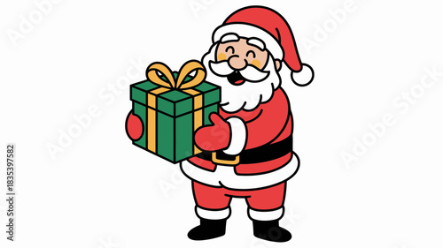 A cheerful cartoon illustration of Santa Claus in his traditional red suit, holding a wrapped green gift with a golden ribbon.