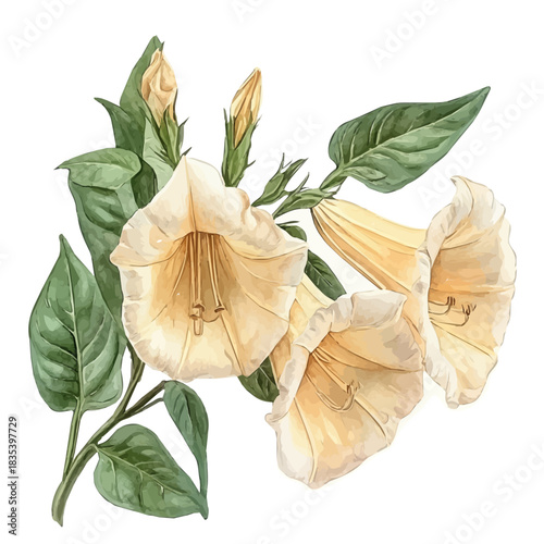 Trumpet Creeper Flower, watercolor illustration featuring soft shadows and luminous, isolated on a white background.