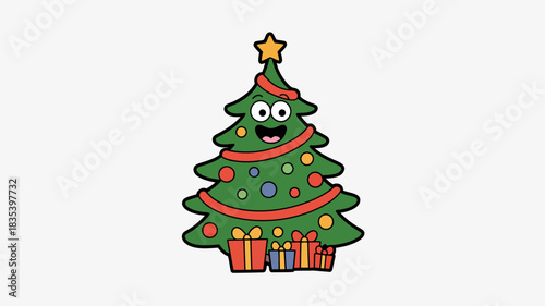 A cheerful, anthropomorphic Christmas tree with a wide smile, adorned with ornaments and gifts, topped with a star.