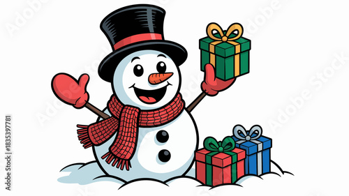 A happy cartoon snowman wearing a top hat and scarf holds a gift, surrounded by presents, ready for the holiday season.