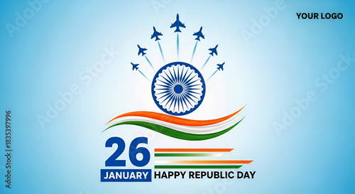 26 january republic day of india celebration with wavy indian flag and fighter jets vector
