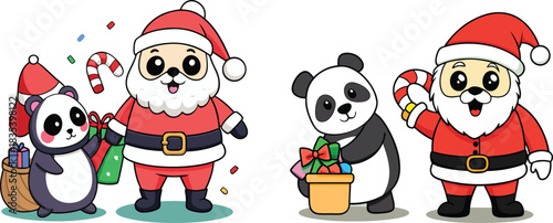 Cute pandas and jolly Santas celebrate the holiday season with gifts and candy canes spreading festive cheer vector perfect for t shirt, wildlife education book or poster design 