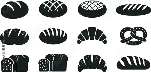 A diverse collection of black silhouette icons showcasing various fresh baked goods and bread types