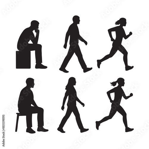 Sitting, walking, running people vector silhouette