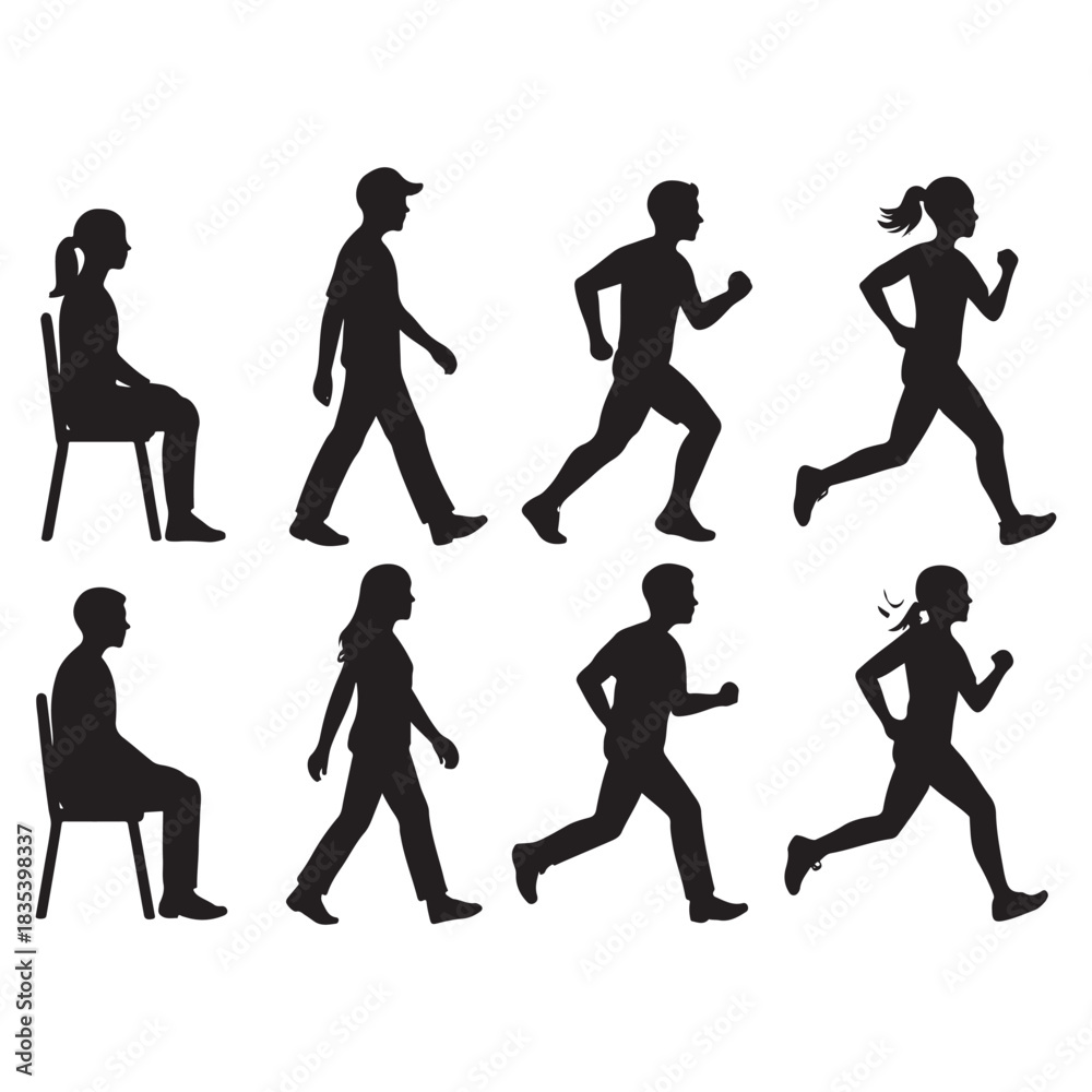 Fototapeta premium Sitting, walking, running people vector silhouette