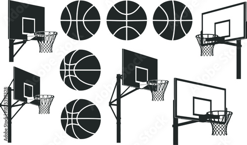 A collection of clean black and white basketball hoop and ball silhouettes