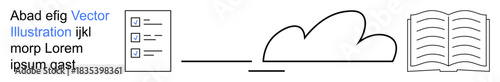 Data sharing, cloud storage, education, digital organization, knowledge distribution, file management. Minimal elements showing cloud linking checklist and book. Data sharing and cloud storage