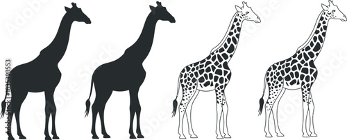 A black and white illustration featuring stylized giraffe silhouettes and detailed spotted patterns for design projects