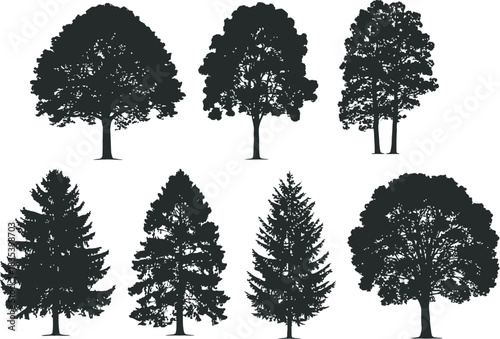 Stylized graphic illustration featuring a diverse array of tree forms and shapes
