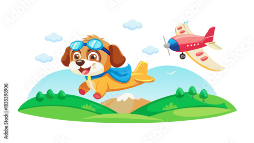 A cartoon puppy wearing goggles flying a toy airplane above rolling hills, joyful wind and cheerful scenery