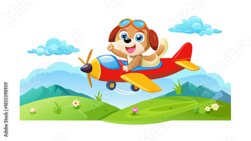 A cartoon puppy wearing goggles flying a toy airplane above rolling hills, joyful wind and cheerful scenery