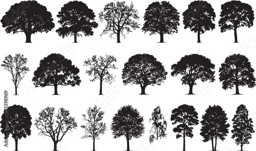A diverse collection of twenty detailed black tree silhouettes and natural vegetation elements for design