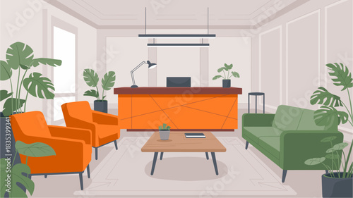 Contemporary office illustration featuring an orange geometric reception desk, stylish seating, and lush green plants
