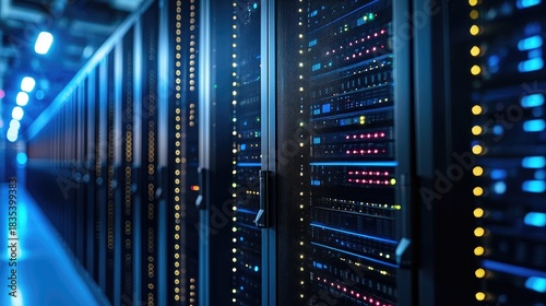 IT data center hallway with illuminated server racks and blue indicator lights, ideal for cloud infrastructure visuals, AI network systems, cybersecurity themes, and enterprise technology presentation