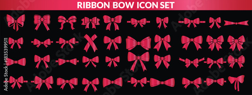 Ribbon bow icon set, vector coquettish cute knot, romantic love doodle vintage accessory collection. Holiday gift decoration silhouette, birthday elegant design element. Feminine Valentine ribbon set 