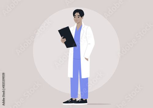 A skilled doctor stands upright, wearing a white coat, holding a clipboard as they prepare for the day's appointments in a welcoming medical setting, exuding professionalism and care.