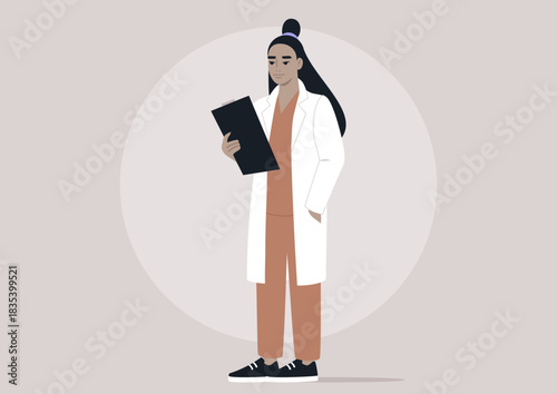 A skilled doctor stands upright, wearing a white coat, holding a clipboard as they prepare for the day's appointments in a welcoming medical setting, exuding professionalism and care.