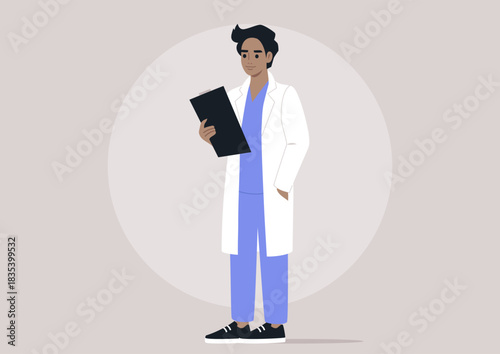 A skilled doctor stands upright, wearing a white coat, holding a clipboard as they prepare for the day's appointments in a welcoming medical setting, exuding professionalism and care.