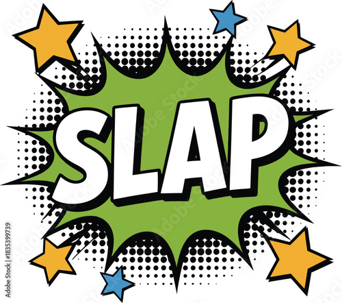 Green comic book explosion with slap text and stars pop art sound effect