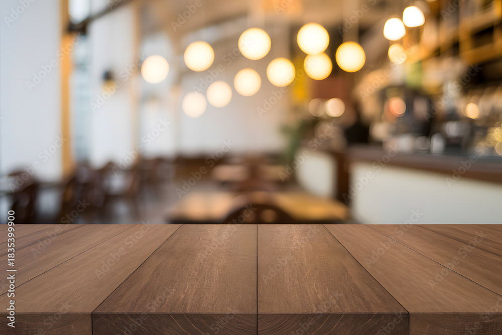 custom made wallpaper toronto digitalWarm wooden table surface with rich grain pattern, set against a softly blurred restaurant interior. Bokeh lighting creates an inviting, ambient atmosphere.