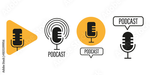 Podcast microphone icon. Audio broadcast symbol. Yellow triangle frame. Vector media illustration.