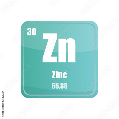 Zinc chemical element tile. Atomic number thirty. Zn sign Vector icon. Mint blue square shape.