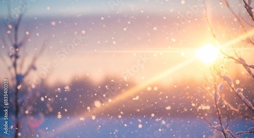 Sunlit winter scene with falling snow bare tree branches and a bright golden sun