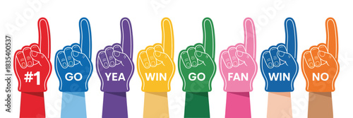 Colorful Foam Finger Fan Icons Illustrated as Number One Hand Gestures for Cheering, Team Spirit, Winning Celebration, and Crowd Energy Presented as Bold Vector Elements for Sports Graphics