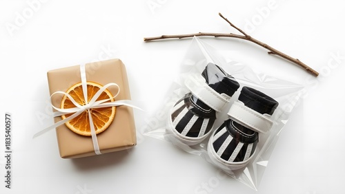 Dog shoes in a plastic bag next to a gift box with dried orange and twig on white for pet care gifting concept and natural styling