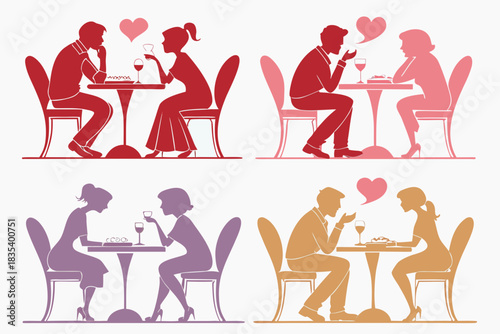 set of Couple on romantic dinner silhouette vector illustration isolated on white background